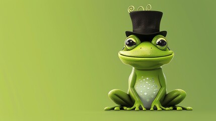 A cute cartoon frog wearing a top hat, sitting on a green background.