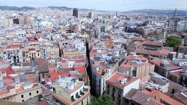 Partial view of the Gothic Quarter. Carrer del P&iacute; in the centre. Barcelona, Catalonia, Spain.