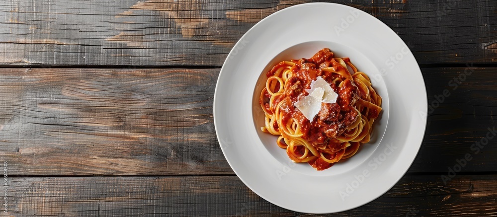 Poster beef pasta in napoli sauce served on a white plate with a wooden table backdrop in a copy space imag