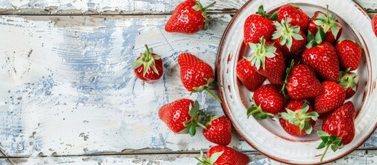 A stylish plate with delicious fresh strawberries atop a white wooden backdrop, captured from above with a copy space image.