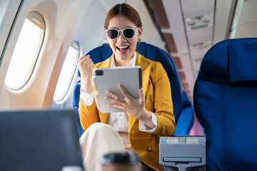 Airplane, travel and portrait of woman with journey and Free travel.