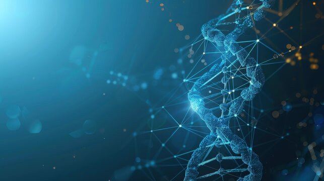 A 3D model of a DNA helix on a blue background