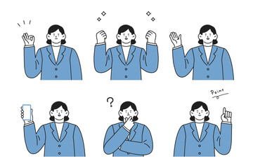 ポーズをとるスーツ姿の女性の上半身イラストセット