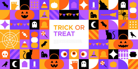 Happy halloween geometric mosaic web template illustration. Modern flat october holiday cartoon icon background, fun costume party online invitation. Spooky internet event banner. 