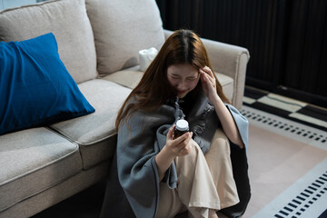 Woman feeling sick and headache, health care concept.