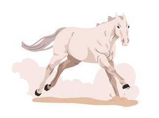 Horse running fast. Racing at speed. Rushing stallion, ground dust puff and sand clouds. Beautiful strong equine power in motion, action. Flat vector illustration isolated on white background