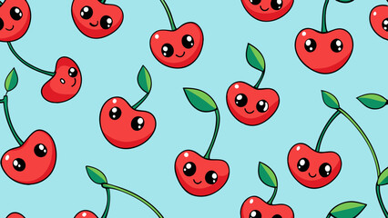 Cheerful Cartoon Cherries Pattern on Blue Background