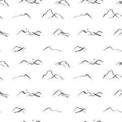 Abstract black and white hand drawn mountain landscape seamless pattern illustration. Vintage travel scenery environment background with sunset, outdoor drawing doodle wallpaper texture.