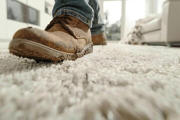 Close-up of person's foot covered in mud walking on a clean white carpet in a modern, minimalist home setting.