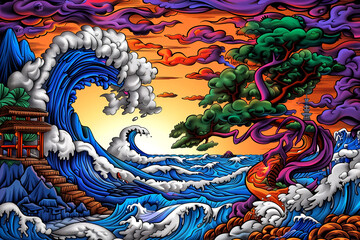 Obraz premium A colorful painting of a wave crashing into a rocky shore with a tree in the foreground. The mood of the painting is serene and peaceful, with the waves and trees creating a sense of calmness