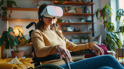 Woman in wheelchair using VR glasses at home, immersed in a virtual reality experience, showcasing accessibility in technology