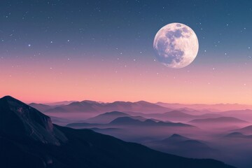 The moon rising over a mountain range, with a softly blurred background of a twilight sky and stars. 