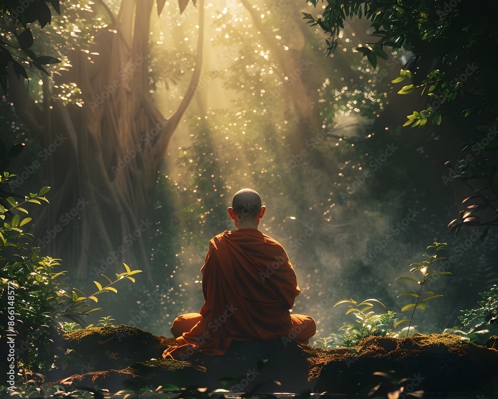 Poster Serene Buddhist Monk Meditating in Lush Jungle Landscape with Sunlight Rays