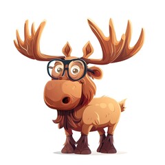 Charming Cartoon Moose with Oversized Antlers and Glasses Playful and Amusing