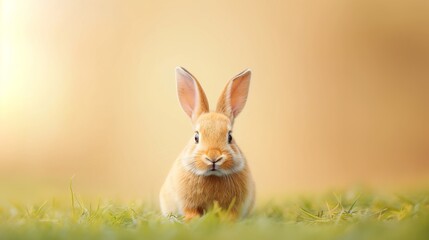 Obraz premium A cute brown rabbit sitting in a green field on a sunny day.