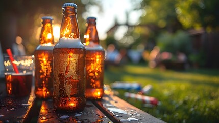 Two beer bottles in an ice bucket, the American flag beside it, and rockets for fireworks, set against a sunny backyard background for the Fourth of July.