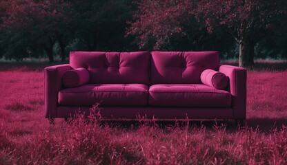 Fototapeta premium Vivid magenta couch on a field during sunset moment