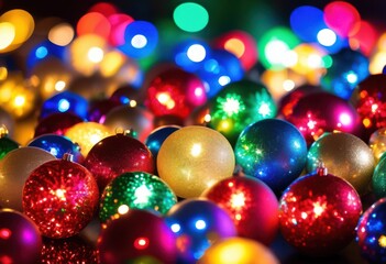 Obraz premium shimmering christmas lights reflected festive ornaments, decoration, glowing, baubles, sparkling, holiday, hanging, decorations, colorful, twinkling, season