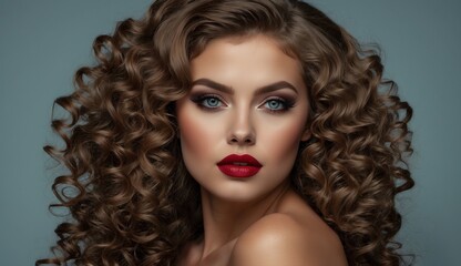 Fototapeta premium Close-up of woman with curly brown hair, red lips