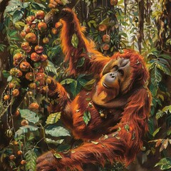 Obraz premium Vibrant orangutan climbing trees and enjoying fruits in lush tropical rainforest, showcasing wildlife and nature's beauty.
