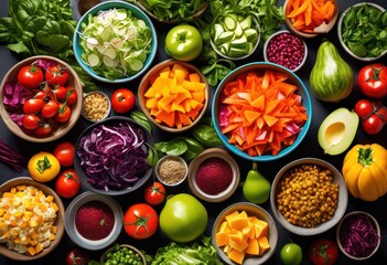 vibrant salad ingredients displayed colorful bowls healthy meal preparation, fresh, veggies, greens, fruits, assorted, dishes, nutritious, cooking, food, components