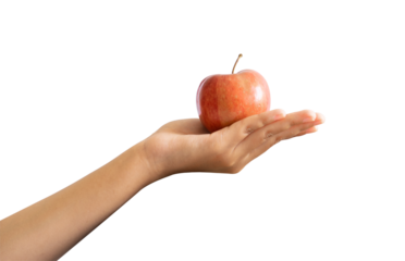 Hand serving fresh red apple on isolated background