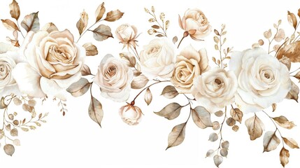 Wedding Invitation Border Elements. White Rose Flowers Isolated on a White Background with copy-space.