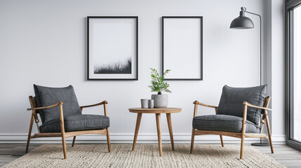 Blank poster mock up with black frame on the wall in living room interior.Generative AI