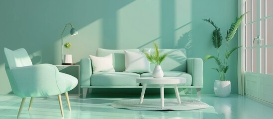 Comfortable armchair and sofa in a mint-themed living room interior.