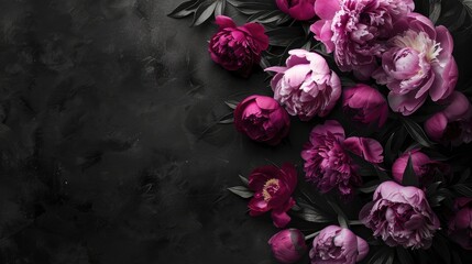 Peonies in dark hues with black floral backdrop for festive theme Soft focus and room for text