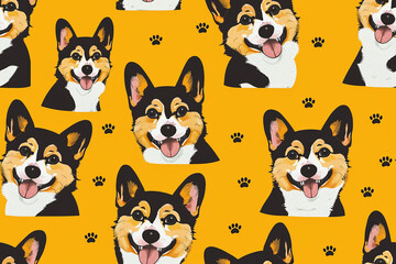 Fototapeta premium A seamless pattern with cute Corgi faces and paw prints on a bright yellow background, creating a fun and playful design.