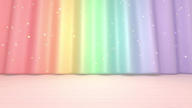 Looped empty stage with waving rainbow curtain and shiny sparkles animation.