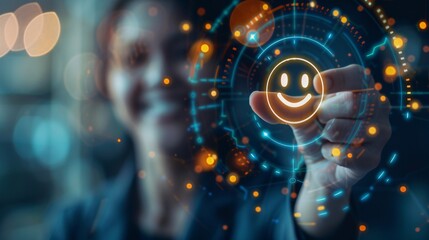 Young Woman touching glowing smiley face icon. Positive feedback concept.