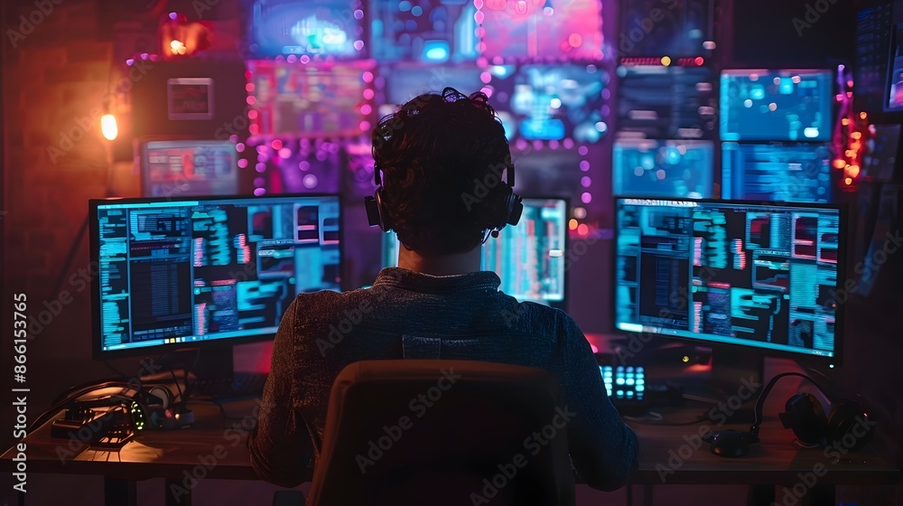 Poster hacker monitoring cybersecurity breaches in a dark tech filled environment