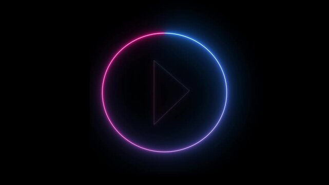 Play button icon. Neon shiny play button with neon circle. Neon glowing play button.
