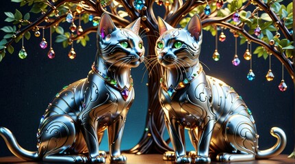 Twin Gemstone-Encrusted Mechanical Cats