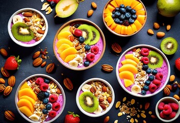 vibrant tropical smoothie bowls bursting colorful fresh toppings, colors, fruity, hues, exotic, ingredients, refreshing, textures, juicy, fruits, visually