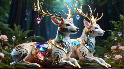 Majestic Gemstone Couple Deer in Enchanted Forest