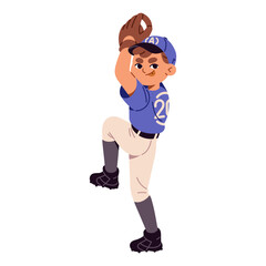 Cute boy in cap plays American baseball. Happy kid in sports glove swings to throw ball. Young pitcher, player in uniform pitches during game. Flat isolated vector illustration on white background