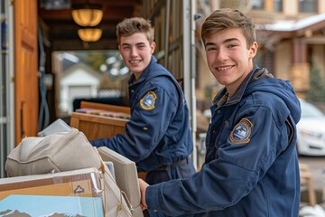 Fototapeta premium Two young delivery men in uniform unloading furniture from a truck outside a house.