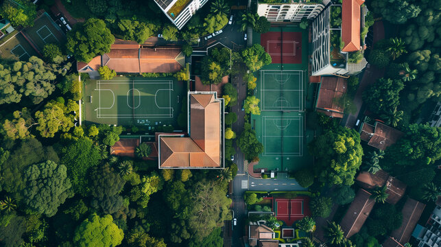 An aerial perspective showing urban buildings and sports courts surrounded by greenery, ensuring dynamic and sustainable development of the urban space.