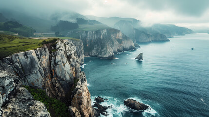 Picturesque seaside cliffs overlooking the ocean, where sheer rocks rise above the water, creating a spectacular view.