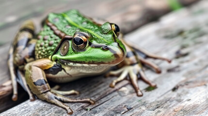 Fototapeta premium Green frog sitting on a wooden surface. Close-up portrait.