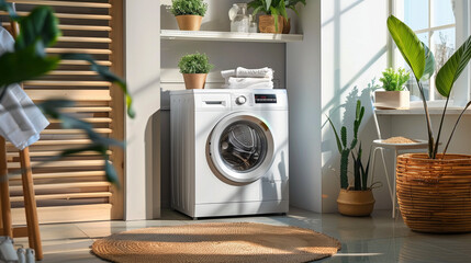An elegant laundry room decorated in a modern style, equipped with a washing machine and decorated with a plant.