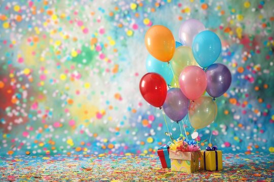 A festive scene of bright balloons, colorful confetti, and wrapped gifts set against a backdrop of a childrens birthday party. Generative AI
