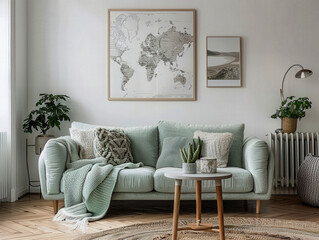 Stylish scandinavian living room interior with design mint sofa, furnitures, mock up poster map, plants, and elegant personal accessories.