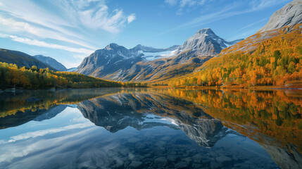 Obraz premium A beautiful mountain lake, overlooking high mountain peaks and a beautiful landscape.