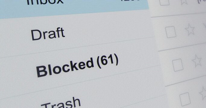 Incoming blocked emails counter, junk folder with increasing number of emails, online scam, phishing and malware mail, close-up view interface, footage