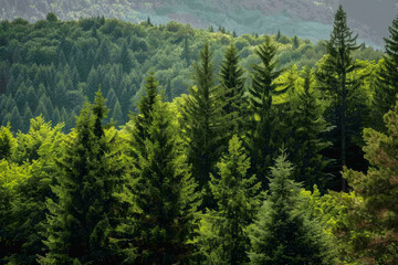 Obraz premium Green tree forest background, beautiful bird eye view on fresh pines in the morning sun light