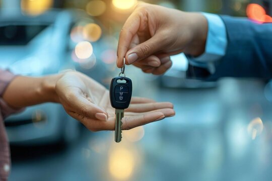 close-up shot of a valet's hand presenting a car key to a businessperson, showcasing the seamless and personalized service offered by valet parking.